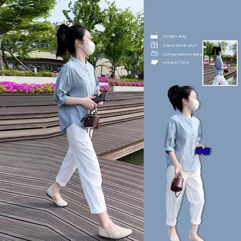 今年流行漂亮夏装搭配一整套时尚炸街减龄小个子衬衫两件套装裤女