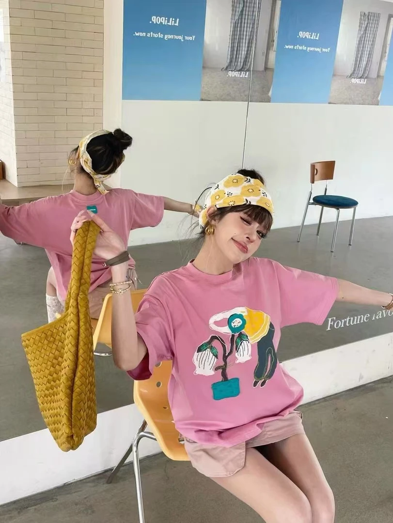 欧洲站2025春夏新款欧货圆领卡通印花宽松大版型短袖T恤