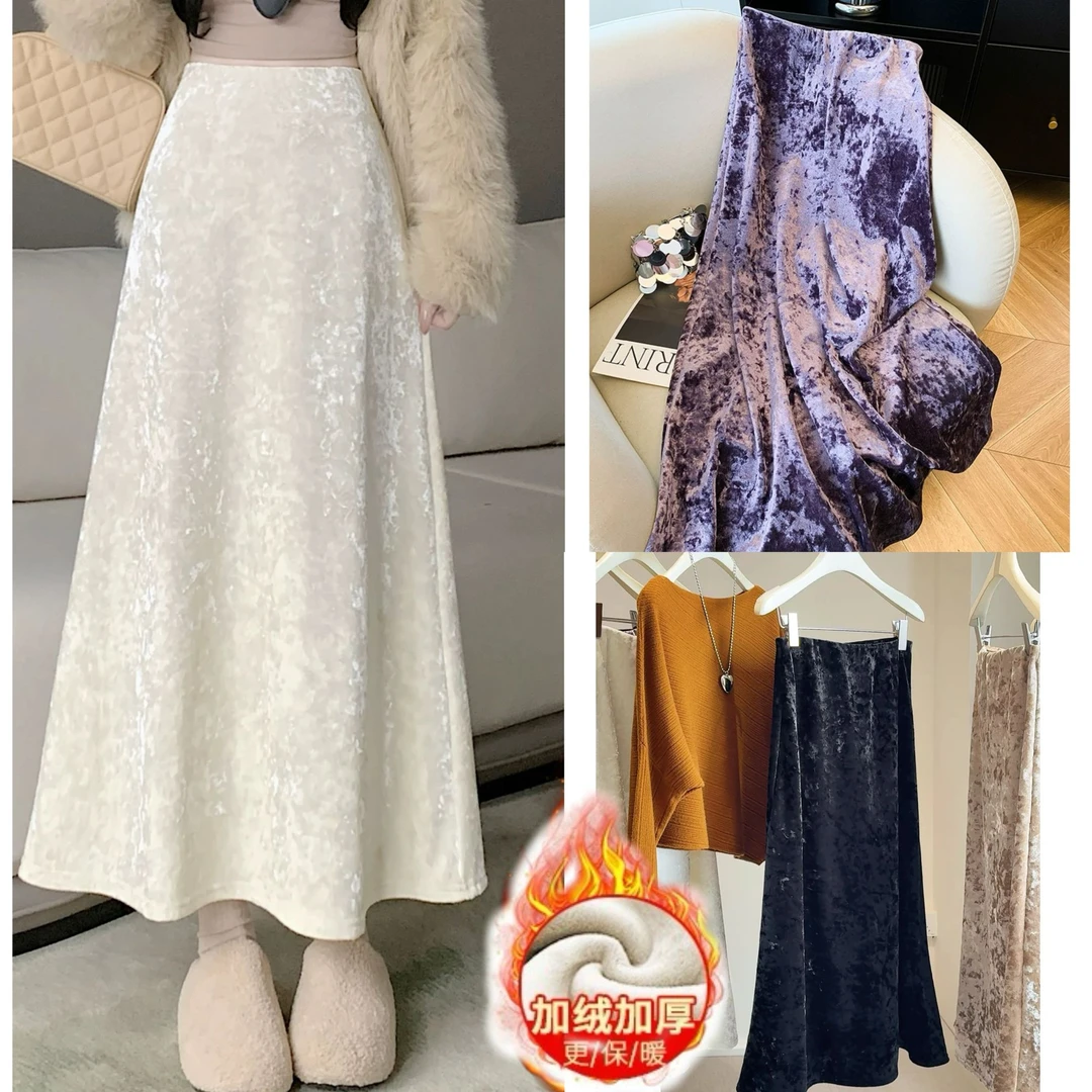 D999-3266 高货爆款~ 高级感气质金丝绒加绒加厚中长款半身裙女