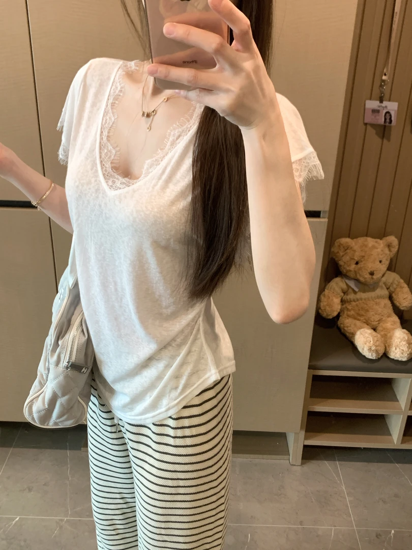 蕾丝拼接V领面膜T恤女欧洲站2026夏装新款欧货女装洋气打底小衫潮