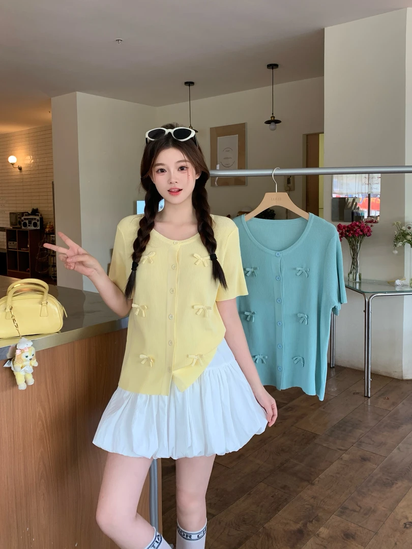 长2025夏装胖mm大码女立体蝴蝶结短袖针织开衫甜美薄款上衣69331