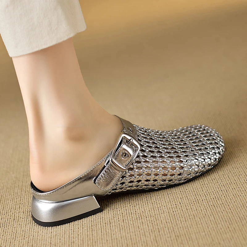 2.5cm~夏季新款包头拖鞋欧若风透气编织芭蕾平底穆勒凉拖鞋洞洞鞋