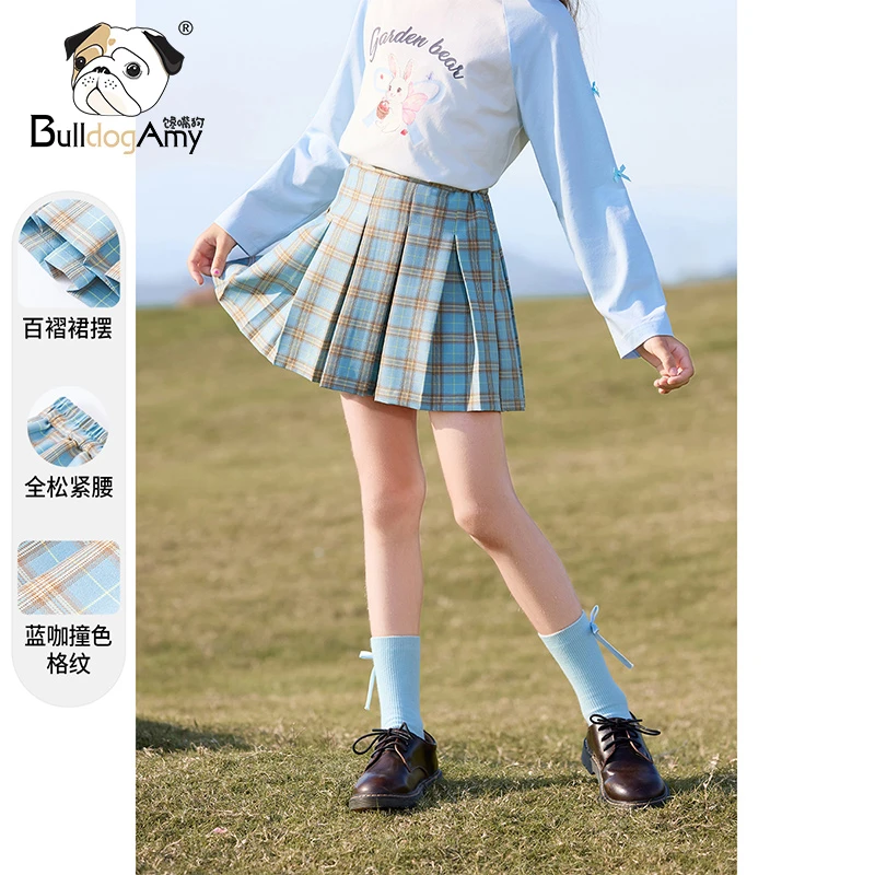 女童学院风百褶裙2025春季新款洋气儿童蓝色条纹半身裙中大童短裙
