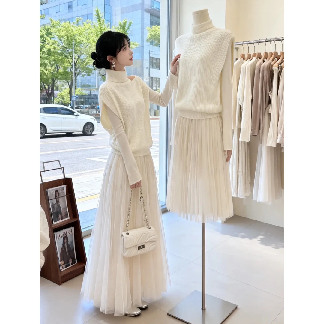 巨好看的早秋一整套韩系减龄穿搭高领针织马甲打底衫半身裙三件套
