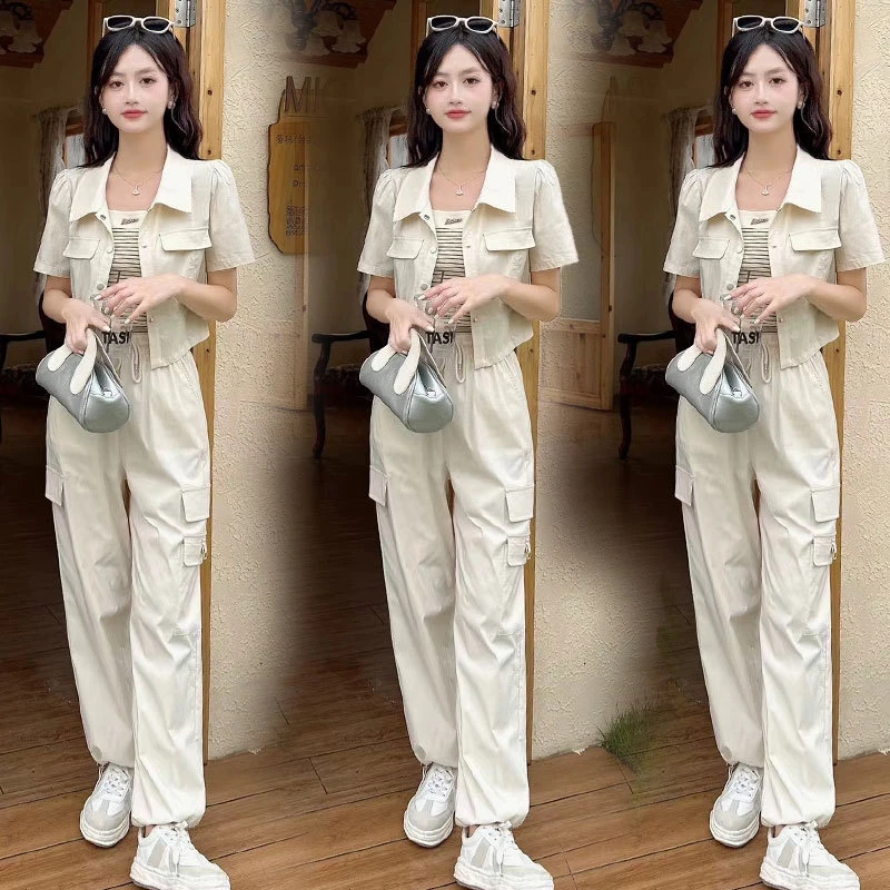 工装休闲时尚套装女夏装2024新款外套阔腿裤吊带洋气减龄三件套女