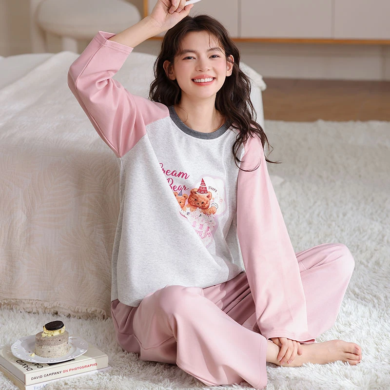 春秋季爆款卡通风长袖睡衣女款棉布女士休闲长裤家居服套装可外穿