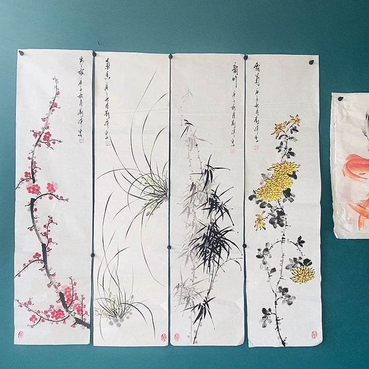 国画四尺对开手绘四条屏