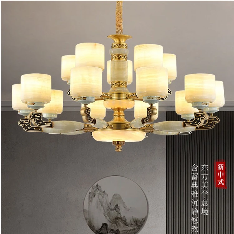 全铜新中式吊灯奢华大气天然玉石别墅复式楼客厅吊灯餐厅书房灯具