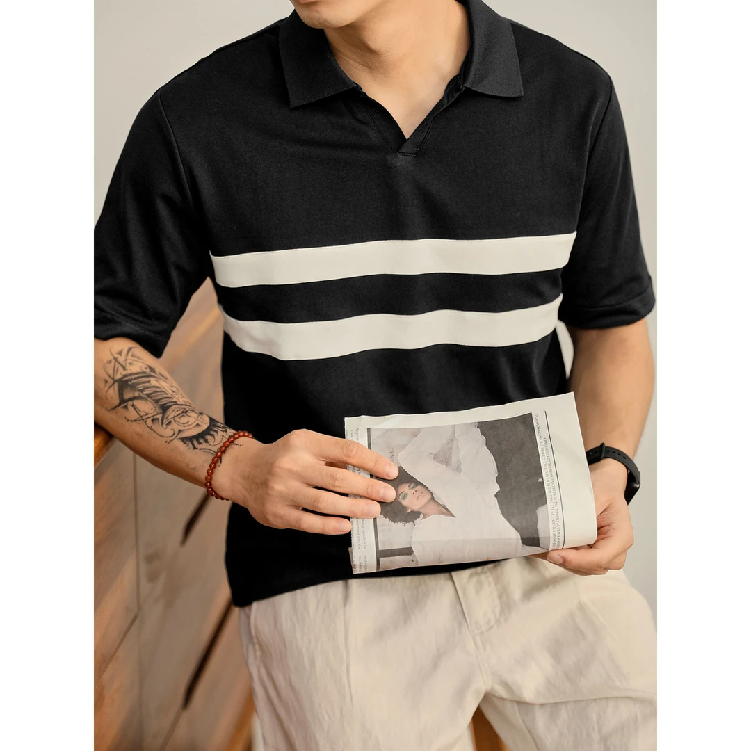 奥兰德保罗美式透气条纹撞色V领翻领T恤男士休闲短袖海鸥领Polo衫