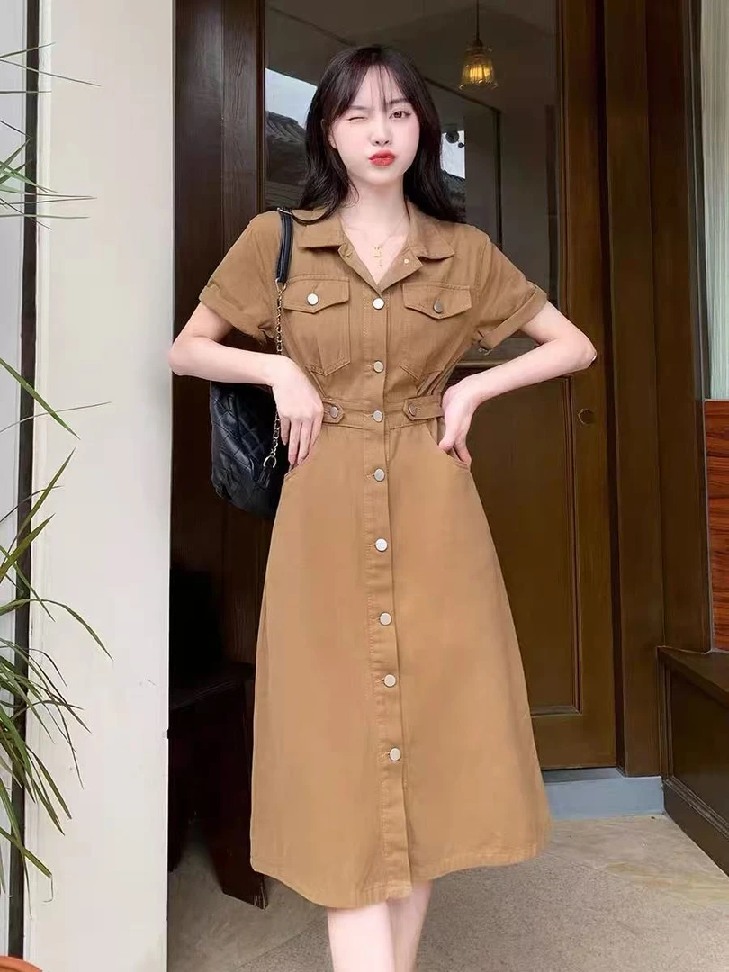 女装裙子梨型女生穿搭气质夏季牛仔POLO领工装连衣裙短裙