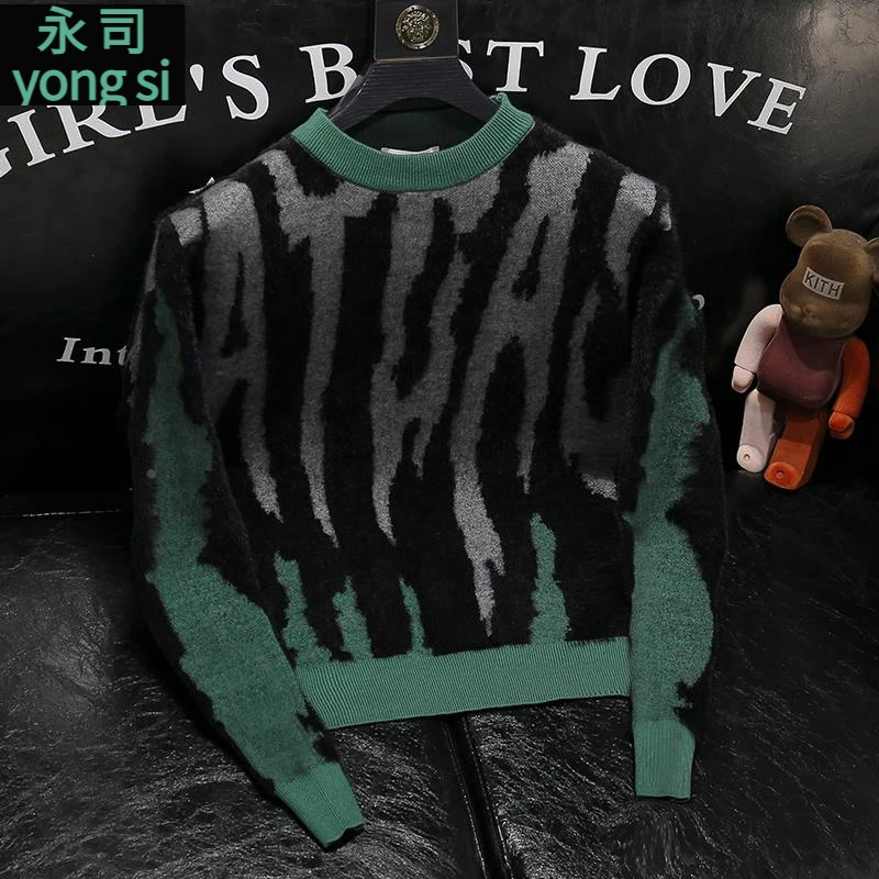 潮牌复古男士竖条纹圆领毛衣2025冬季新款潮流撞色保暖打底针织衫