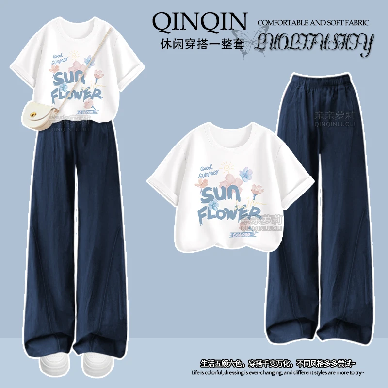 女童夏季阔腿裤套装2025直筒休闲裤青少年圆领短袖T恤大童两件套