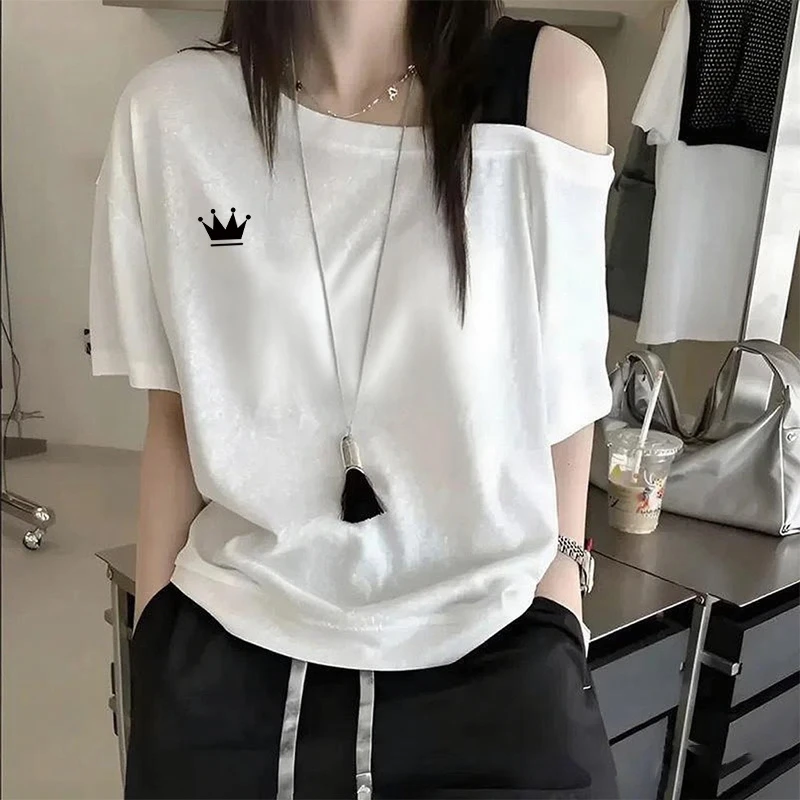 慵懒风简约纯色斜肩吊带短袖T恤女夏季气质宽松休闲百搭薄款上衣