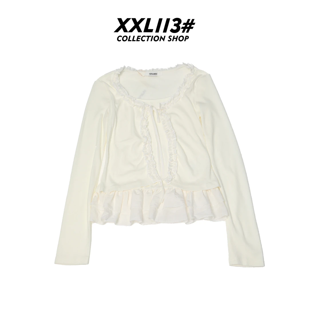 113* CENTRALIZED SHOP拼接木耳边长袖法式拼接修身T恤X5F27H6663
