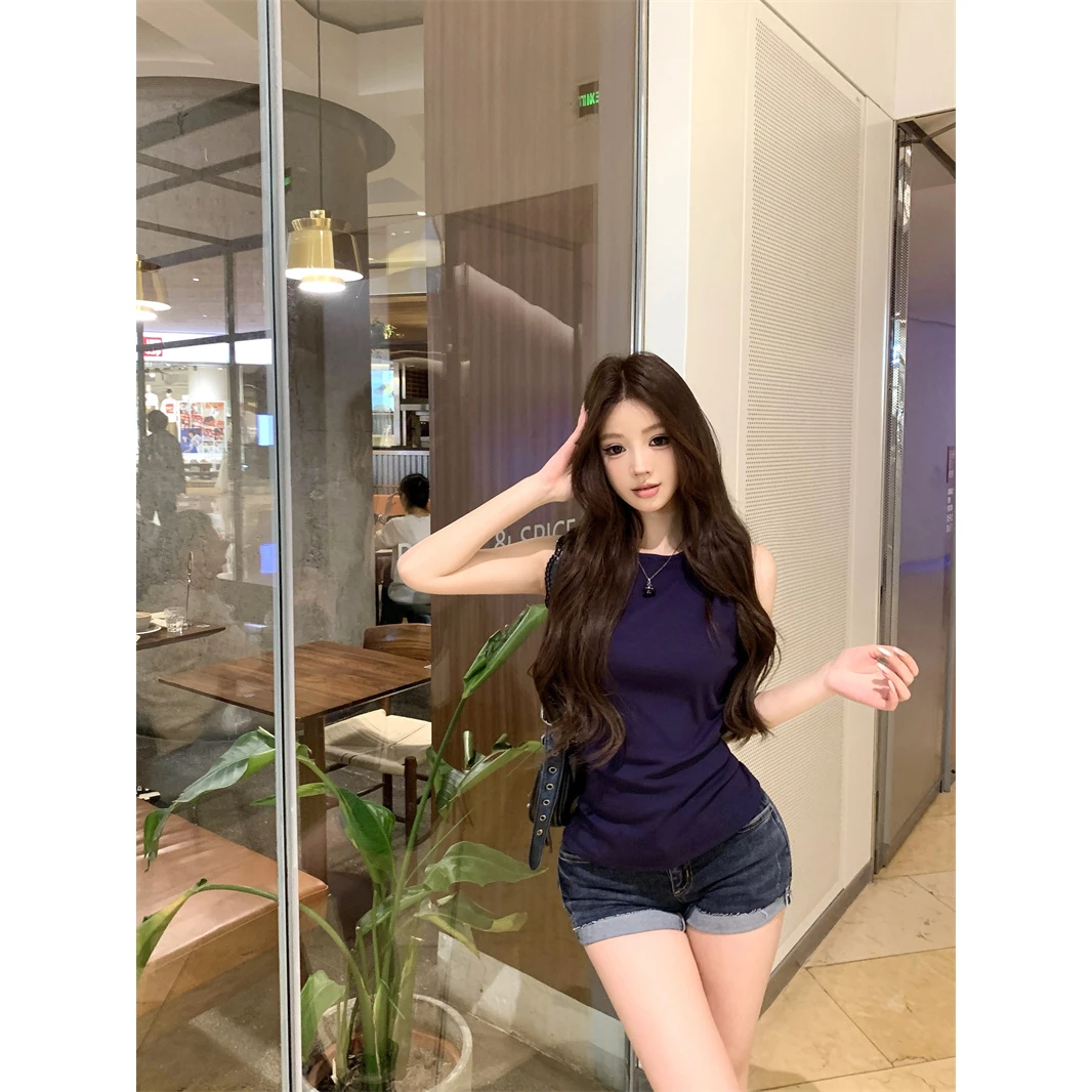 时髦街头镂空高弹压褶无袖背心女韩系辣妹小众设计感外穿打底上衣