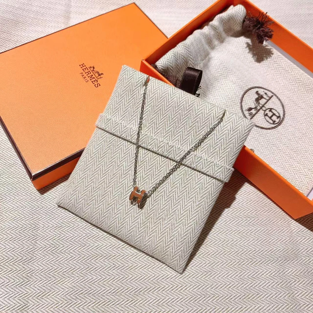 95新 Hermes/爱马仕 GGS爱马仕pop mini H咖色银链项链/26358150