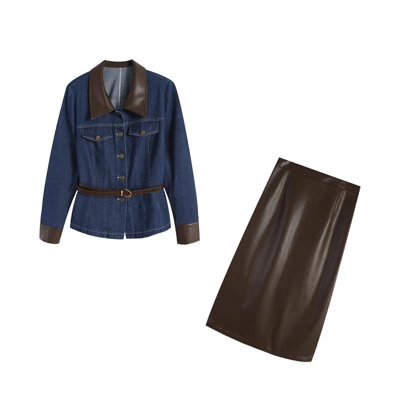 蓝色上衣+咖色长半裙牛仔休闲短款气质两件套ZL109666套装显瘦