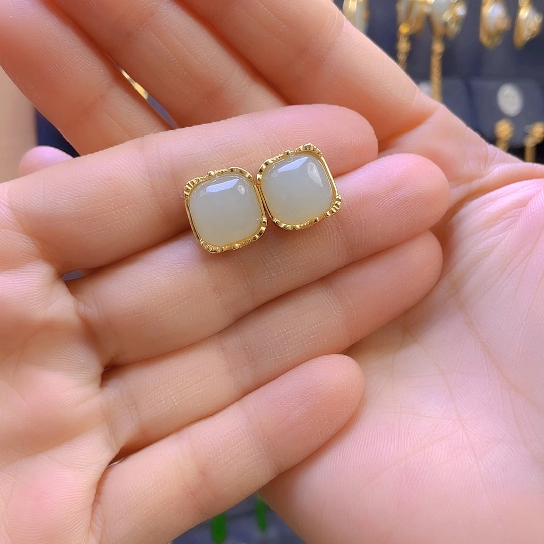 和田玉耳饰银S925镀金镶嵌