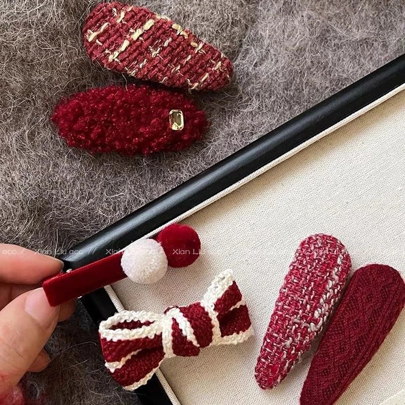 新年红色蝴蝶结发夹秋冬季女边夹侧边无痕刘海夹毛绒一字夹子头饰