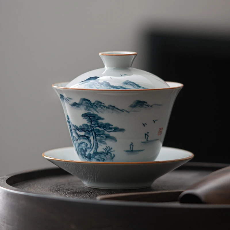 雍南山水三才盖碗陶瓷泡茶碗复古单个釉下彩老陶泥敬茶碗喝茶