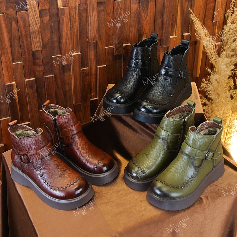 棉谷冬季新品复古皮带扣马丁靴手工编织圆头厚底百搭侧拉链短靴