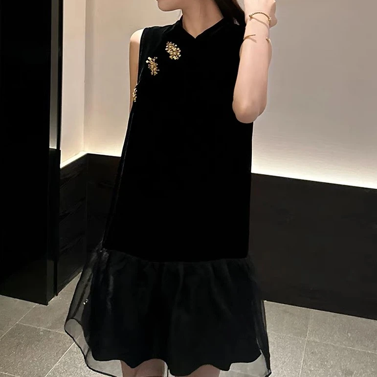 新中式国风丝绒连衣裙女夏季新款洋气宽松显瘦拼接网纱无袖裙子潮