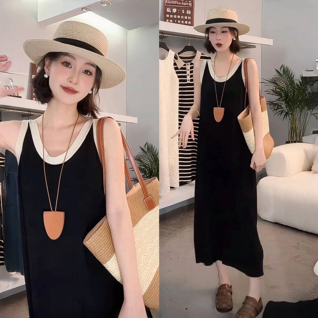 茶歇法式条纹无袖连衣裙女夏季韩版修身显瘦长款针织小个子背心裙