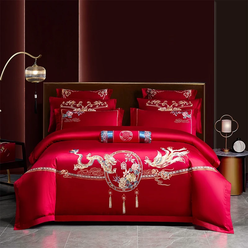 网红款婚庆系列高档简约婚庆四件套大红刺绣喜被罩新结婚100纯棉