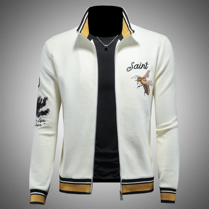 路茨梅帕春秋休闲开衫上衣外套男卫衣潮帅气个性刺绣条纹拉链长袖