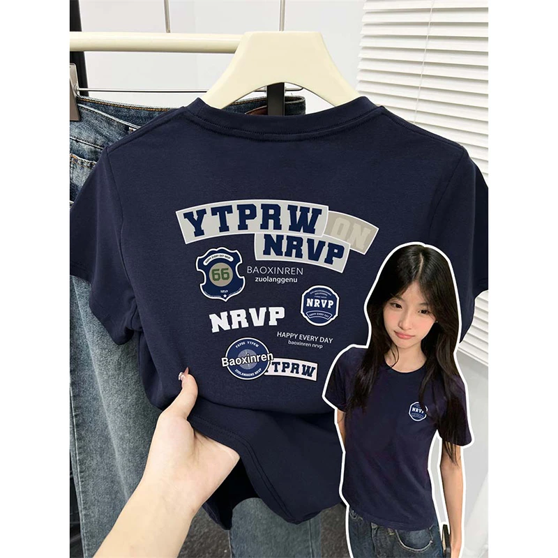 新款棉高弹力圆领打底衫上衣洋气深蓝色修身短袖t恤女生显瘦正肩