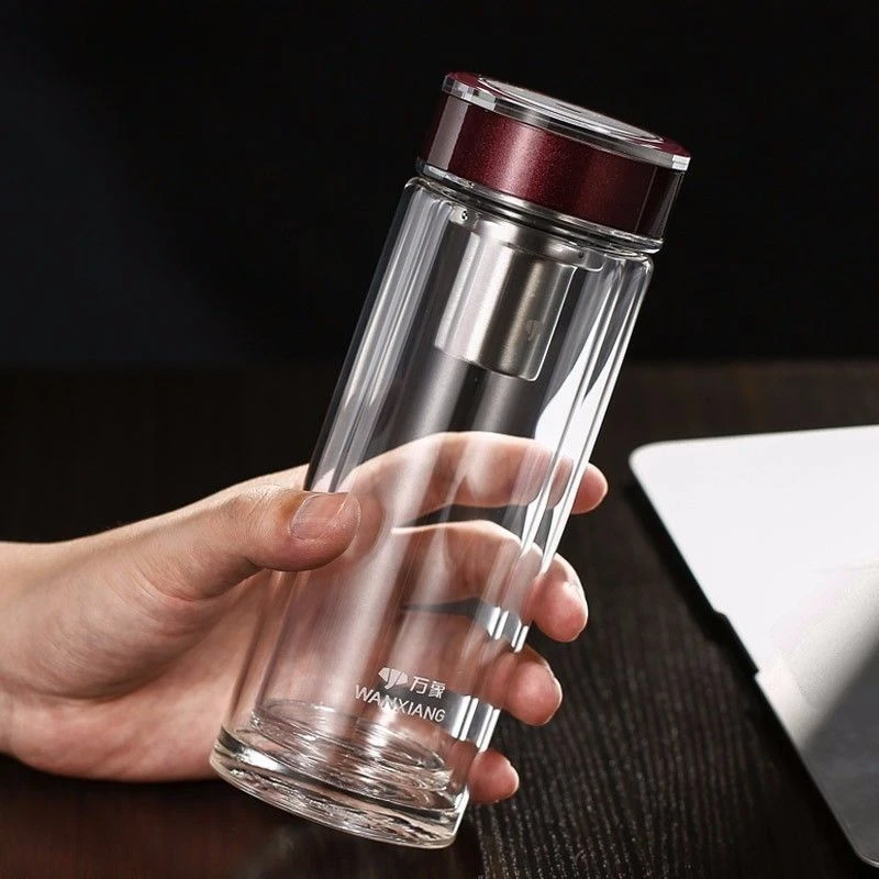 高货清仓万象双层水晶玻璃杯高档商务男女办公礼品杯带茶漏V171L