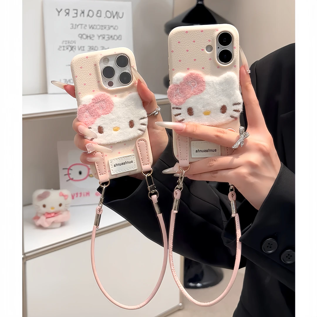 雅天立波点毛绒KT适用苹果17promax挂绳手机壳15/13少女iPhone16
