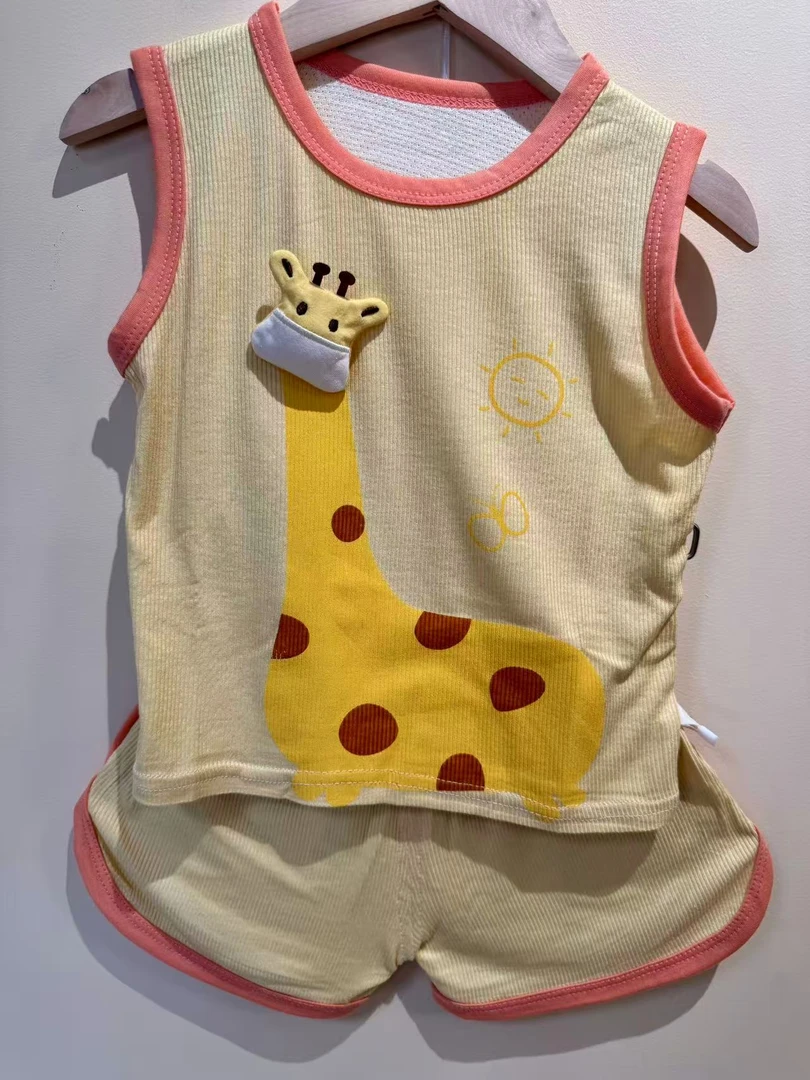 2025儿童多巴胺色夏季空调宝宝薄荷曼波超萌响响背心套装后背镂空