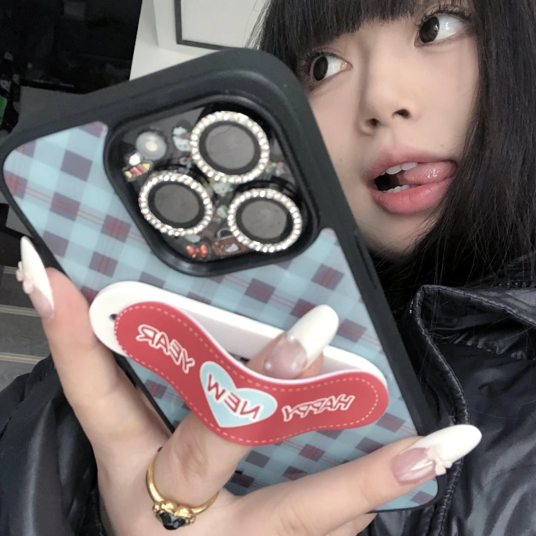 【奶油专属】韩系格纹ins支架适用苹果17pro女iphone15玻璃手机壳