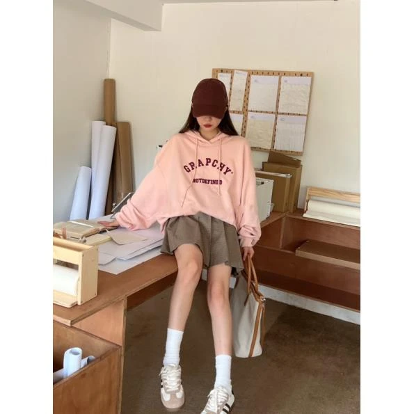 5028百搭宽松休闲慵懒风刺绣字母连帽卫衣B210