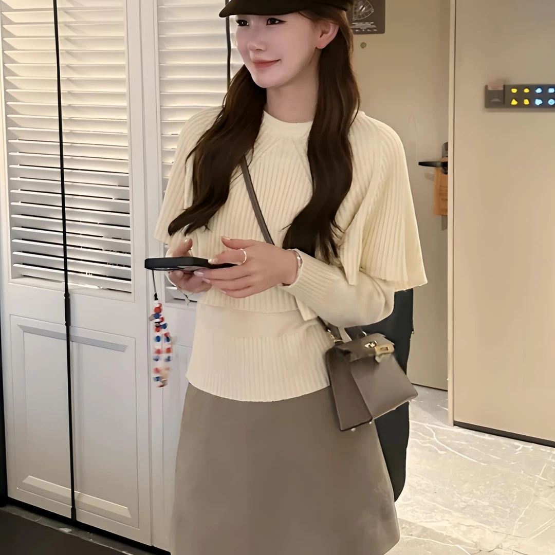 法式温柔风小斗篷假两件长袖针织衫女2025秋季新款高级感显瘦上衣