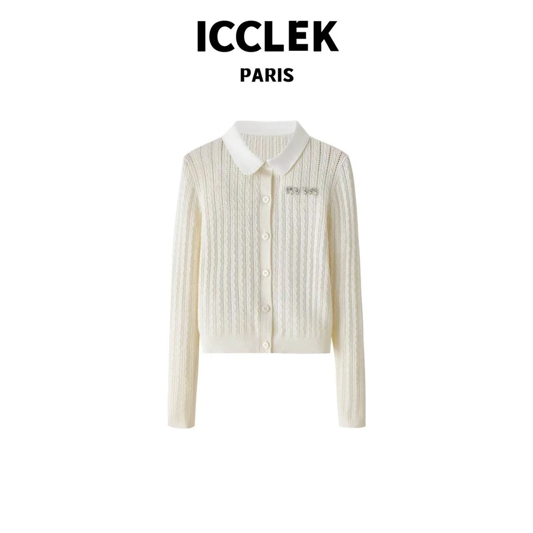 ICC  白色翻领字母针织开衫 长袖 气质 轻奢 名媛 -3170