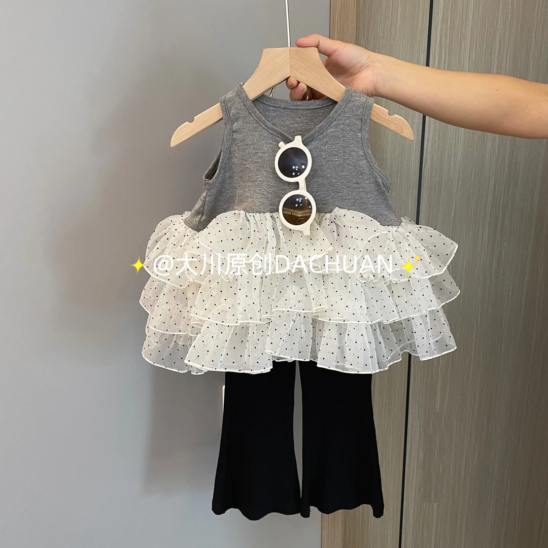 【现货】女童时髦点子纱背心黑色微喇裤两件套2025夏装潮童套装休闲