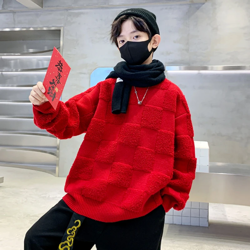 男童加厚红色蛇年毛衣冬装2025新款大童男孩秋冬款儿童本命拜年服