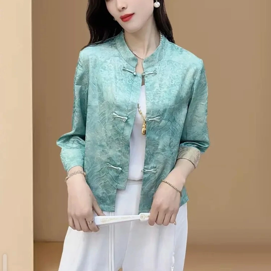 新中式女夏季立领九分袖短外套提花百搭高智淡人风