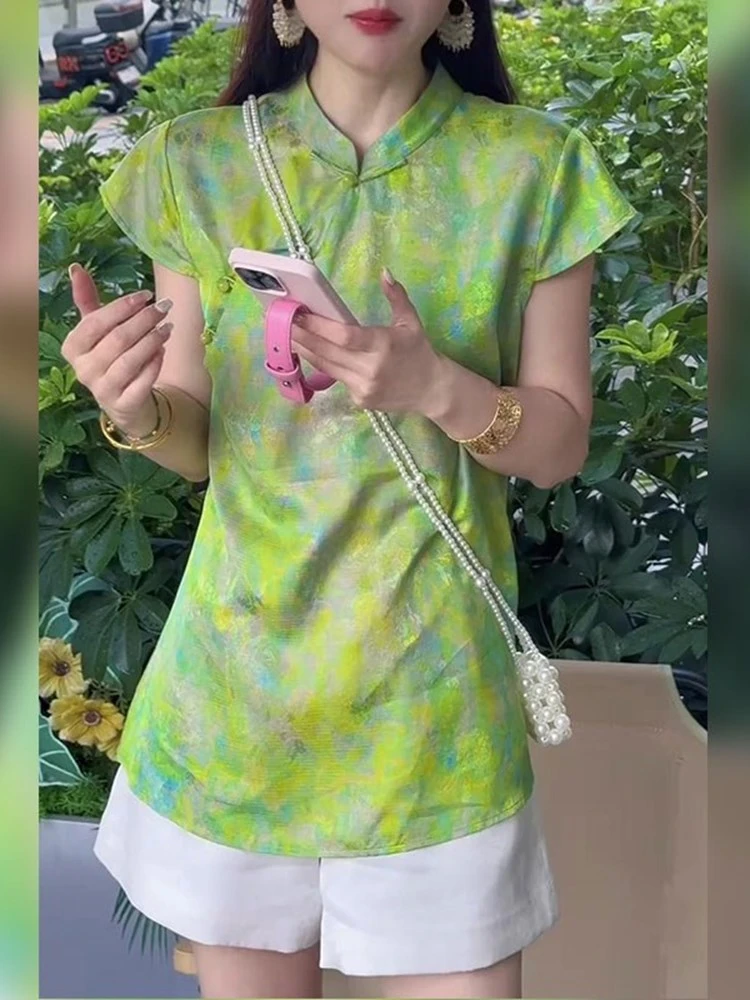 新中式国风立领短袖女2025年夏季新款绿色印花禅意减龄高级感上衣
