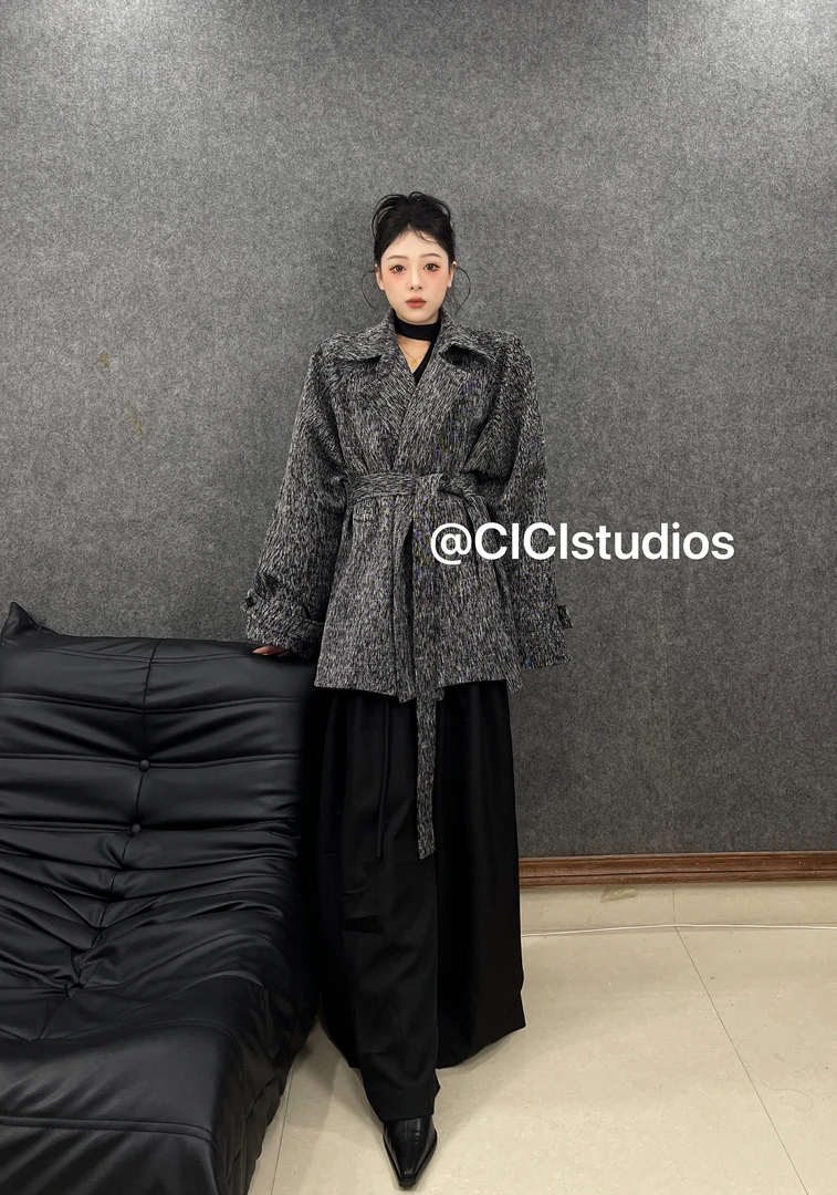 CICI秋冬季新款雪花编织呢子西服长袖外套休闲设计师收腰气质感女