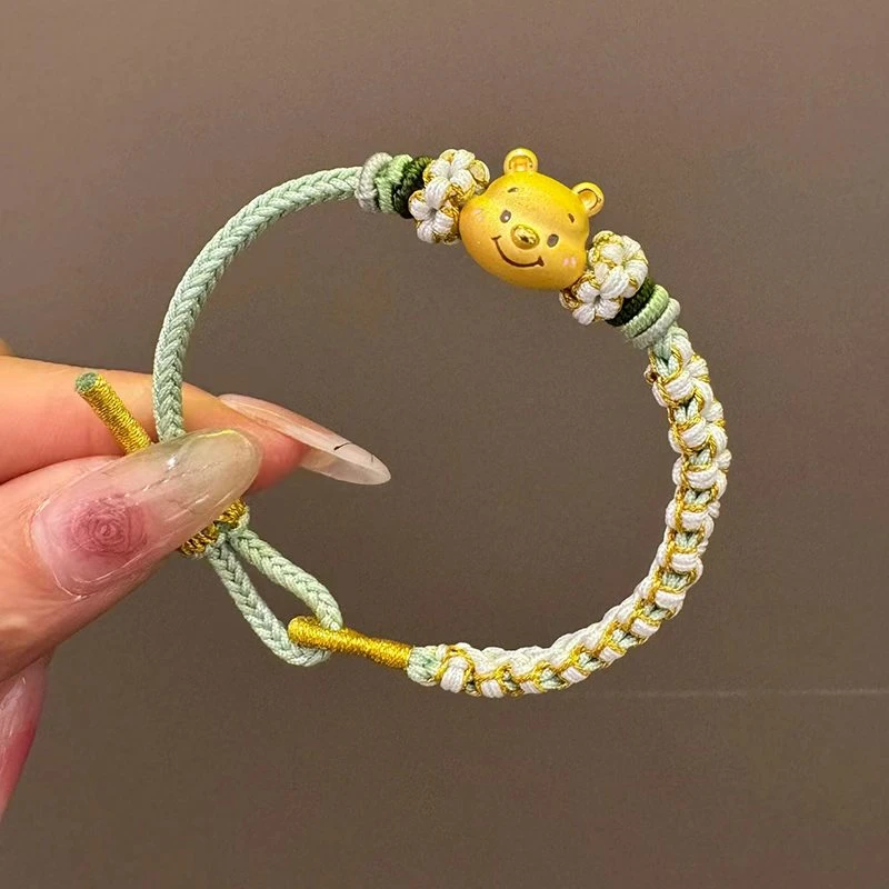 黄金维尼熊小蜜罐吊坠转运珠编绳女999足金可爱熊手串送女友礼物