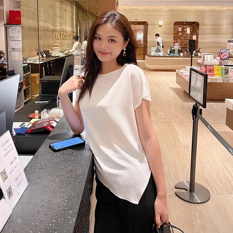 【琳媚】新款纯色20姆米真丝不规则短袖T恤女