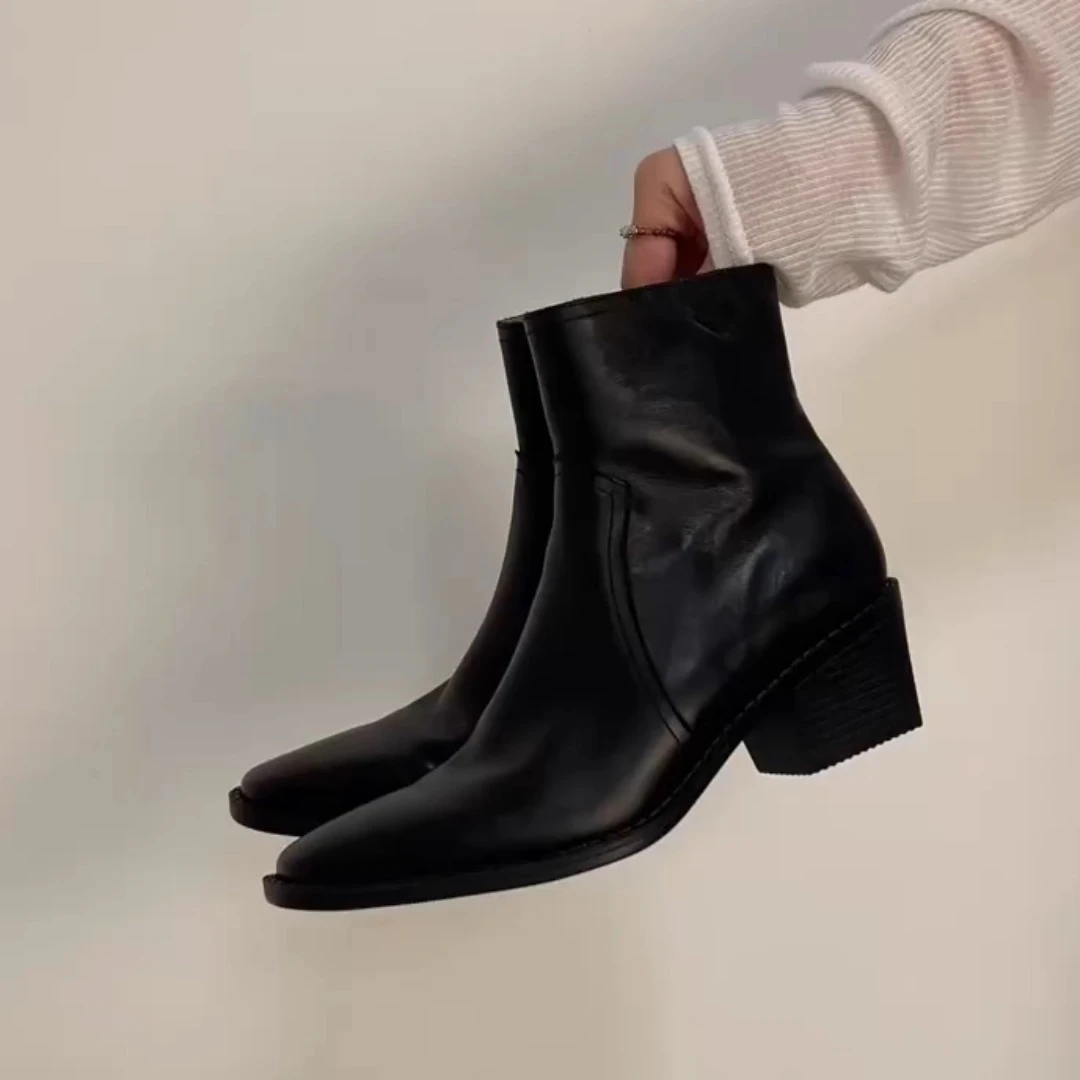 法式复古方头粗跟短靴女2025新款秋冬瘦瘦靴后拉链切尔西靴高跟靴