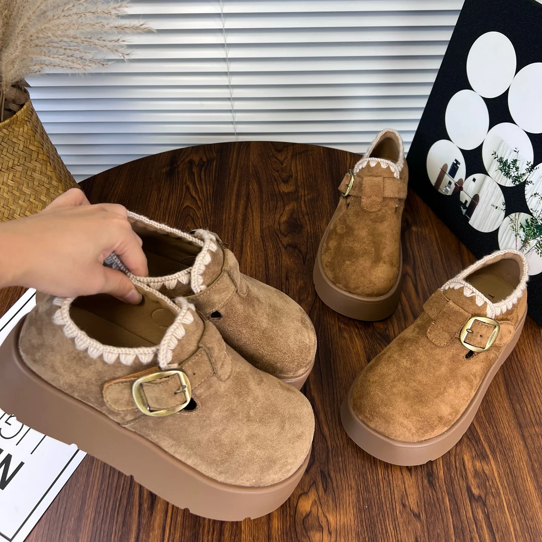 圆头一脚蹬防滑秋季刺绣中跟单鞋鞋子短靴秋冬时尚休闲百搭厚底