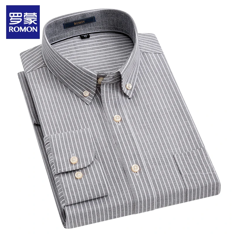 罗蒙男士新款条纹衬衫春秋季中青年时尚衬衣休闲牛津纺抗皱衬衣男