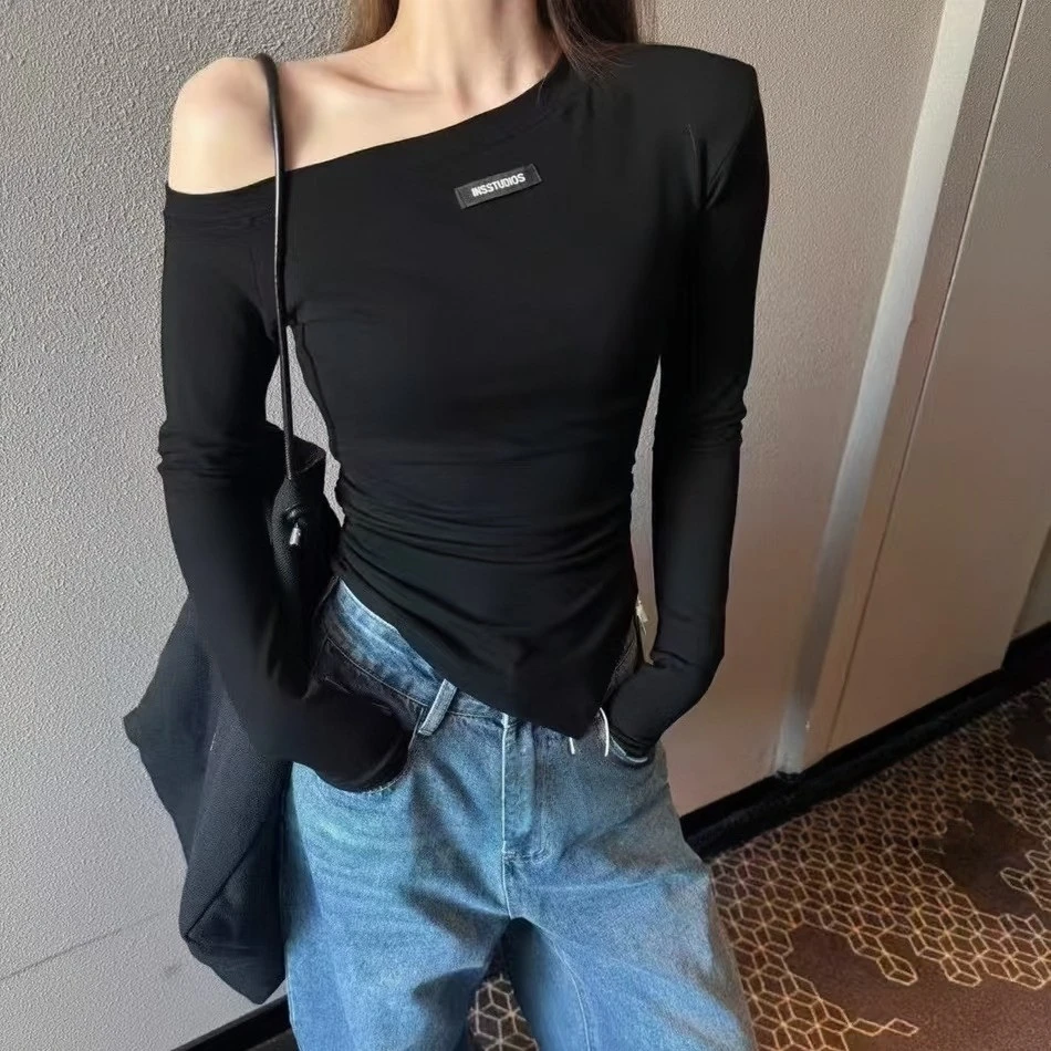 「涵涵家」纯欲风辣妹斜肩长袖T恤#5019