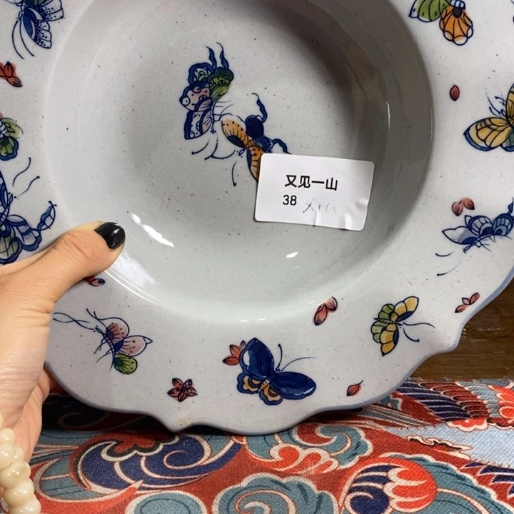 木***棉青花瓷景德镇手绘蝴蝶草帽盘