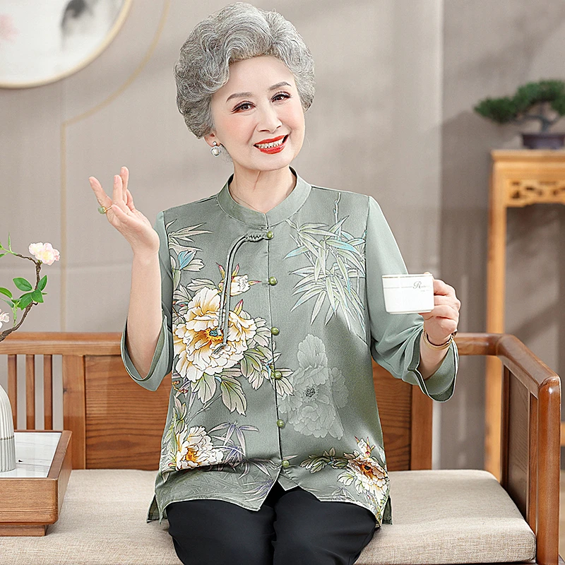 妈妈装秋季小衫中年女装秋装长袖T恤宽松中老年上衣气质衬衫上衣